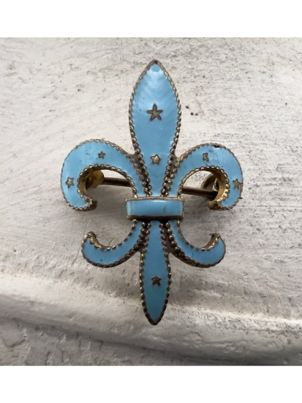Antique Victorian Gold Filled Fleur De Lis Brooch Pin Sky Blue Enamel C Clasp